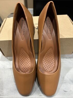 Alex Marie Cognac Leather Square-Toe Pumps